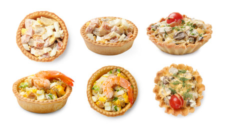 Tartlets with different fillings isolated on white, collage. Top and side viewの写真素材