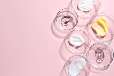 Different cosmetic products in Petri dishes on pink background, flat lay. Space for text