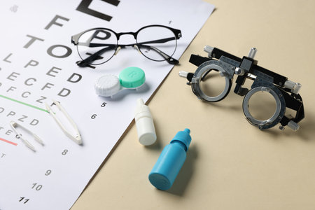 Vision test chart, trial frame, glasses, lenses, tweezers and bottles of medical drops on beige...