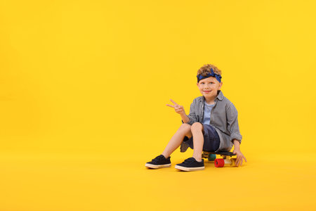 Little boy sitting on penny board and showing V-sign against yellow background, space for textの写真素材