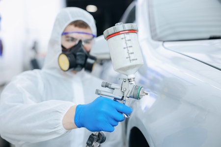 Worker painting car in body shop, selective focusの写真素材