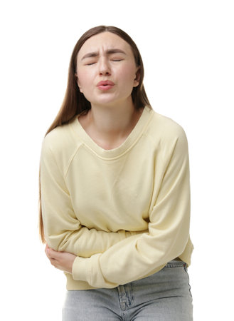 Woman suffering from abdominal pain on white background