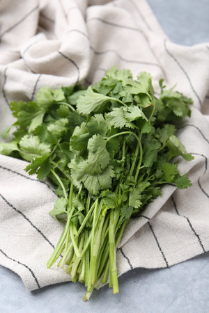 Fresh aromatic cilantro and towel on light gray table, closeup