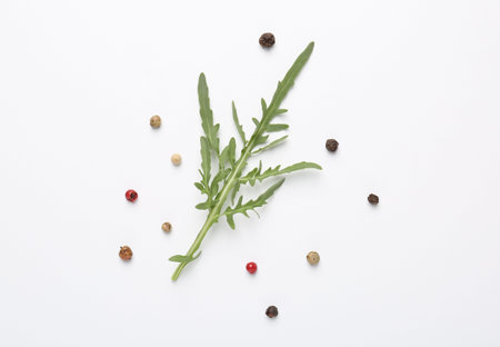 Fresh ripe green arugula leaf and peppercorns on white background, flat layの写真素材