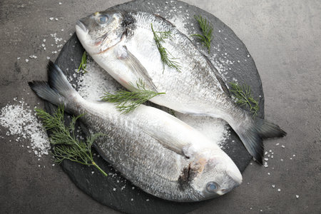 Organic seafood. Fresh raw dorado fish, salt and dill on gray table, flat lay