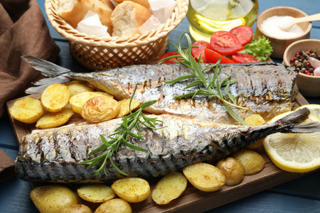 Tasty roasted mackerels served with spices and vegetables on blue wooden table, closeup. Homemade seafood dishの写真素材