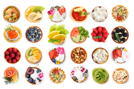 Tartlets with different fillings isolated on white, set. Top view