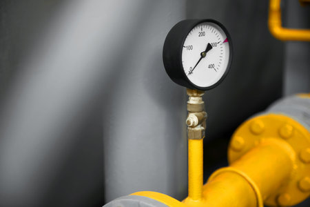 Pressure gauge at modern granary, closeup. Space for text