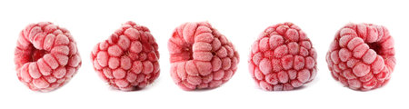 Many frozen raspberries isolated on white, set