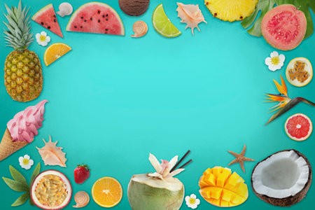 Summer vibe card or party invitation with space for text. Different fruits and stuff on turquoise backgroundの写真素材