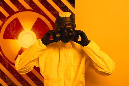 Man wearing hazmat suit and gas mask on orange background. Glowing radioactive sign behind him