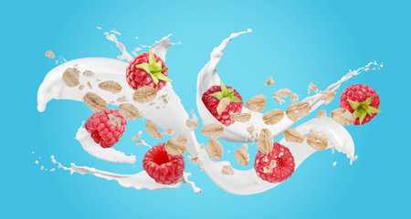 Oat flakes with fresh raspberries and milk splash flying on light blue background. Banner design