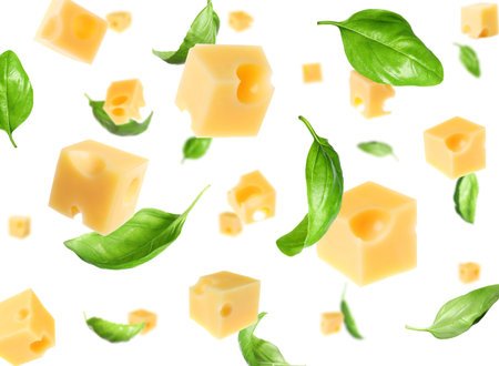 Cheese cubes and green basil leaves falling against white backgroundの写真素材