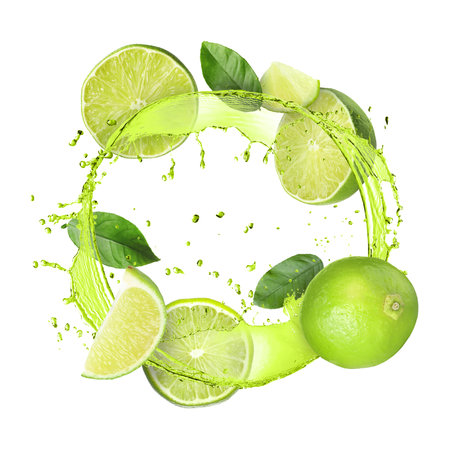 Fresh juicy limes and splash of green drink against white backgroundの写真素材