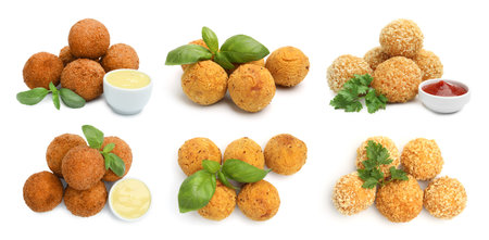 Different fried croquette balls isolated on white, set