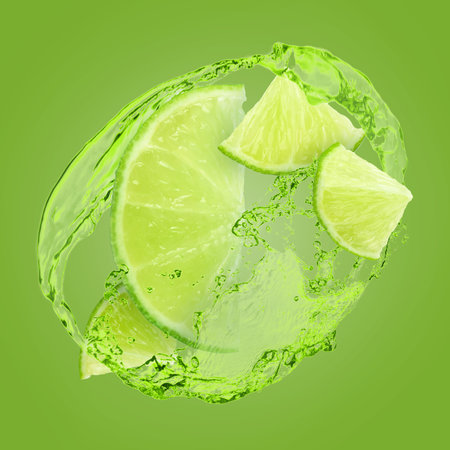 Fresh juicy lime and splash of drink against green background