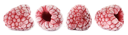 Many frozen raspberries isolated on white, set