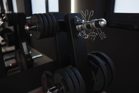 Dumbbells and other equipment in gym, closeup