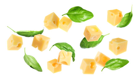 Cheese cubes and green basil leaves flying against white backgroundの写真素材
