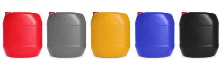 Plastic canisters in different colors isolated on white, set