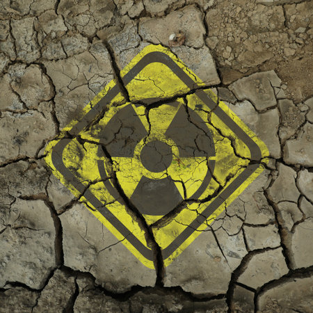 Yellow radioactive sign on cracked dry earth, closeup. Radiological pollutionの写真素材