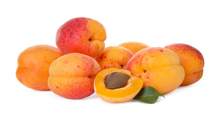 Fresh ripe apricots and green leaf isolated on whiteの写真素材