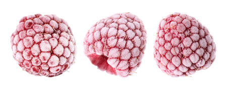 Many frozen raspberries isolated on white, set