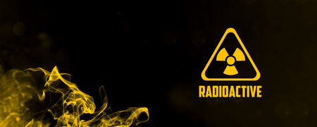 Radioactive sign and yellow toxic smoke against black background. Banner design