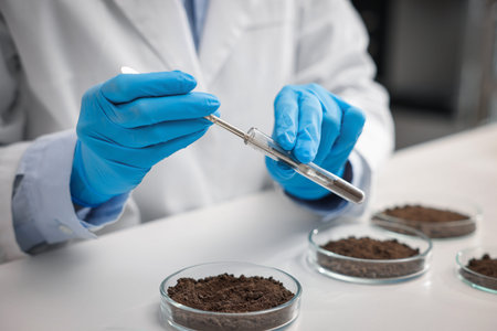 Scientist taking soil sample for research at white table in laboratory, closeup