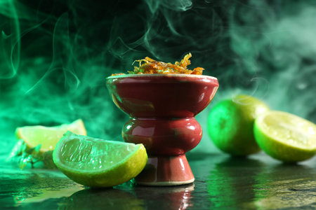 Hookah bowl with limes, mint and smoke on black table, closeup