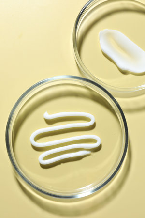 Different cosmetic products in Petri dishes on pale yellow background, flat lay