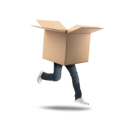 Open cardboard box with man's legs running on white background. Fast delivery