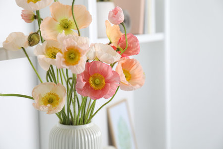 Bouquet of beautiful poppy flowers indoors, closeup. Space for textの写真素材
