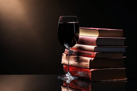 Tasty wine in glass and stack of books on mirror table against dark background. Space for textの写真素材