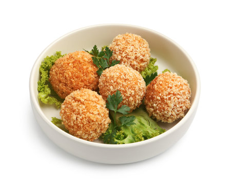 Delicious fried croquette balls with parsley and lettuce isolated on white