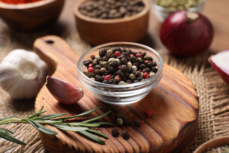 Different aromatic spices on table, closeup view