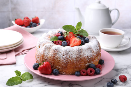 Tasty Bundt cake with powdered sugar and berries on white marble table, closeupの写真素材