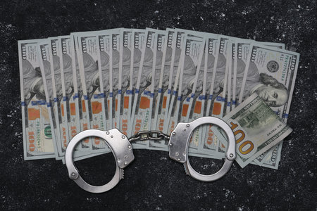 Corruption. Handcuffs and dollar bills on dark table, flat lay