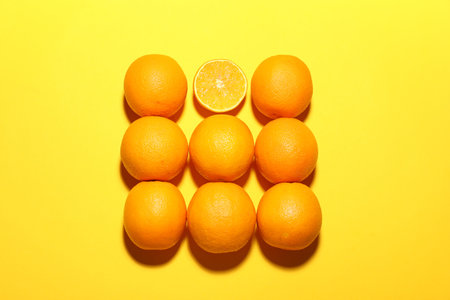 Fresh ripe oranges on yellow background, flat lay