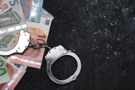 Corruption. Handcuffs and euro banknotes on dark table, flat lay. Space for text