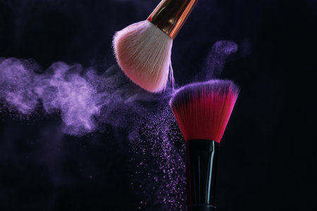 Makeup brushes with purple eye shadow in neon lights on black background, closeup
