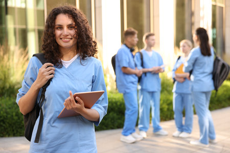 Happy medical student in uniform with backpack and tablet near building outdoors, selective focusの写真素材
