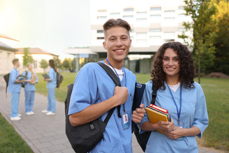 Medical students in uniforms outdoors, selective focus