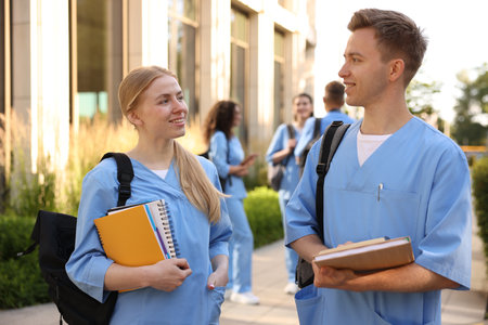 Medical students in uniforms with notebooks near building outdoors, selective focusの写真素材