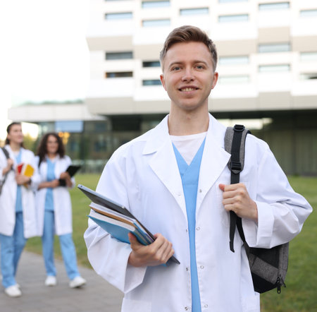 Medical student in uniform with backpack, laptop and notebooks outdoors, selective focusの写真素材