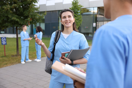 Medical students in uniforms spending time together outdoors, selective focusの写真素材