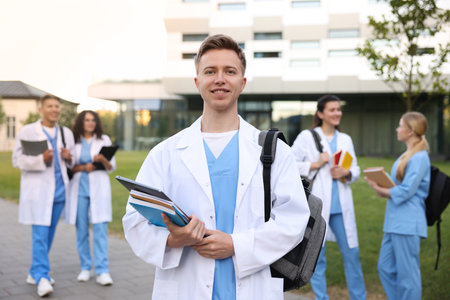 Medical student in uniform with backpack, laptop and notebooks outdoors, selective focusの写真素材