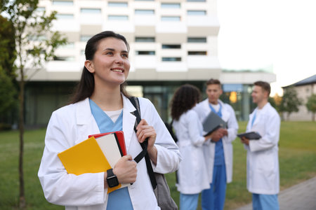 Medical student in uniform with notebooks outdoors, selective focusの写真素材