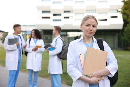 Medical student in uniform with backpack, tablet and notebooks outdoors, selective focusの写真素材