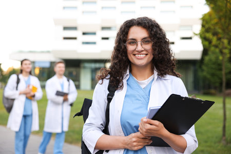 Medical student in uniform with clipboard outdoors, selective focus